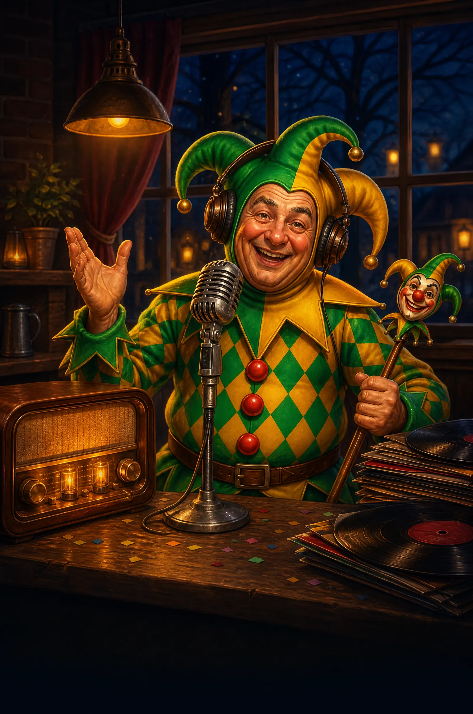 Andries met een koptelefoon achter een oude microfoon in café Den Dikken Eik.